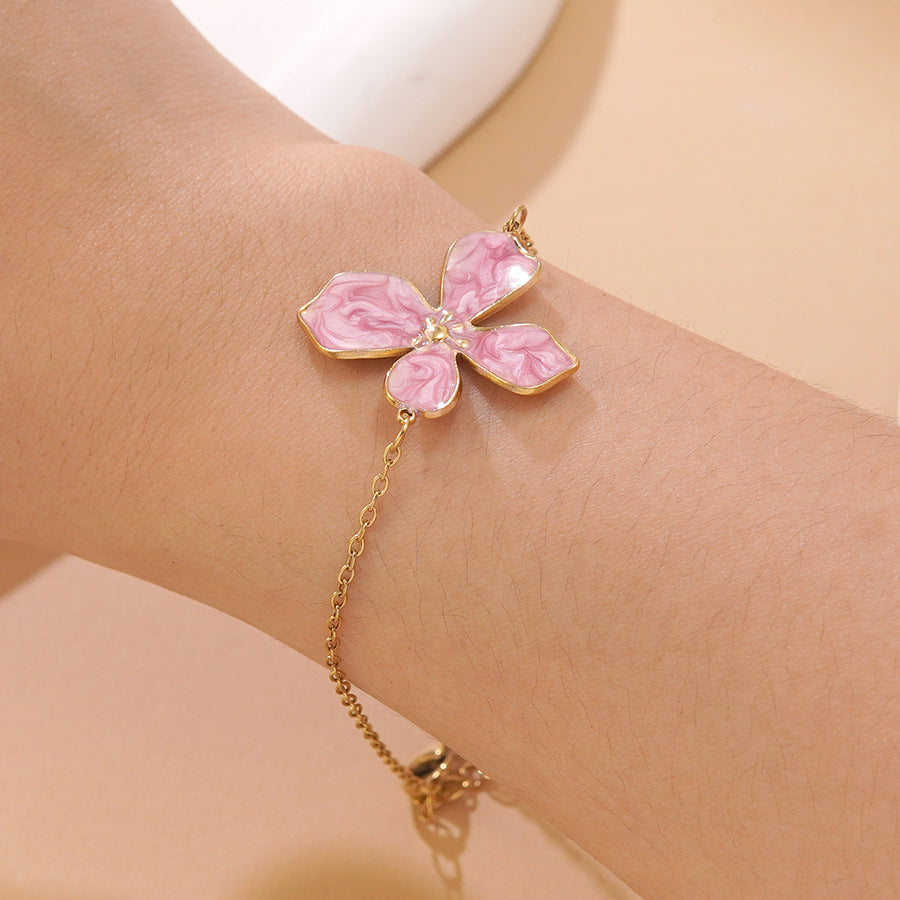 Sweet Drip Oil Floral Stainless Steel Necklace and Bracelet Set for Women