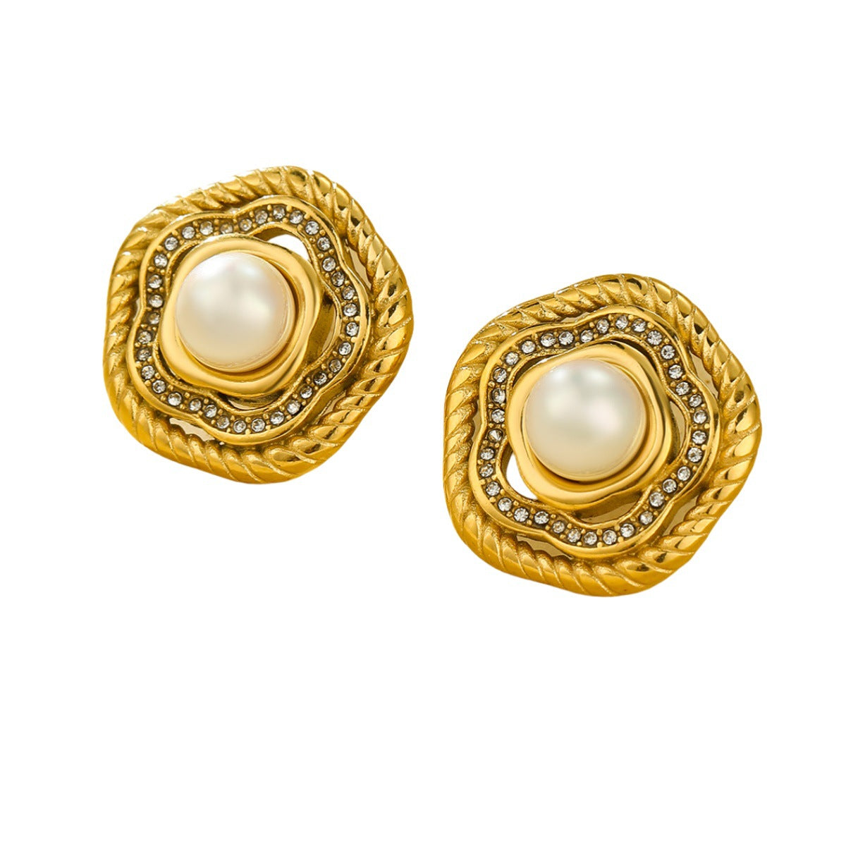 Pendientes de Acero de Titanio Estilo Palacio Francés Vintage con Perla y Diseño de Flor de Zirconia, Acabado Electrochapado para Mujer