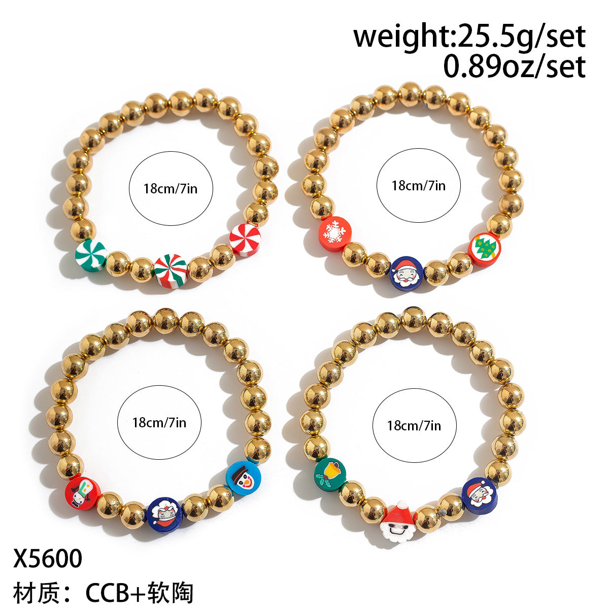 Conjunto de Pulseras de Arcilla Polimérica Hechas a Mano Estilo Dibujo Animado de Navidad con Cuentas de Letras de Muñeco de Nieve, Corazones, Estrellas y Formas Geométricas para Mujer