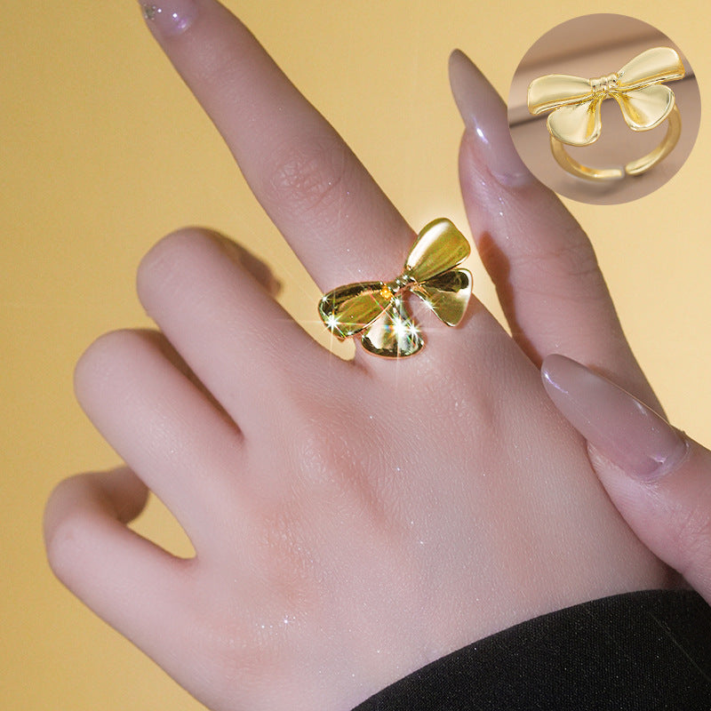 Minimalist Bow-Shaped Ring for Women in Copper with 18K Gold Plating, Adjustable Open Band Design