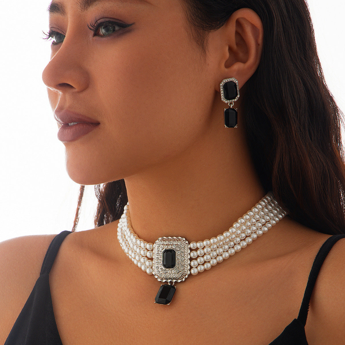 Luxury Multi-Layer Geometric Imitation Pearl Necklace and Earring Set with Triangle and Heart Charms for Women