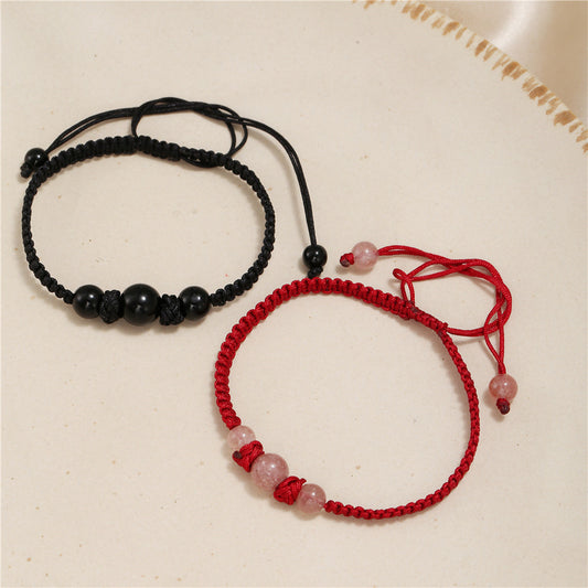 Minimalist Handmade Obsidian Braided Bracelet Unisex Drawstring Cord