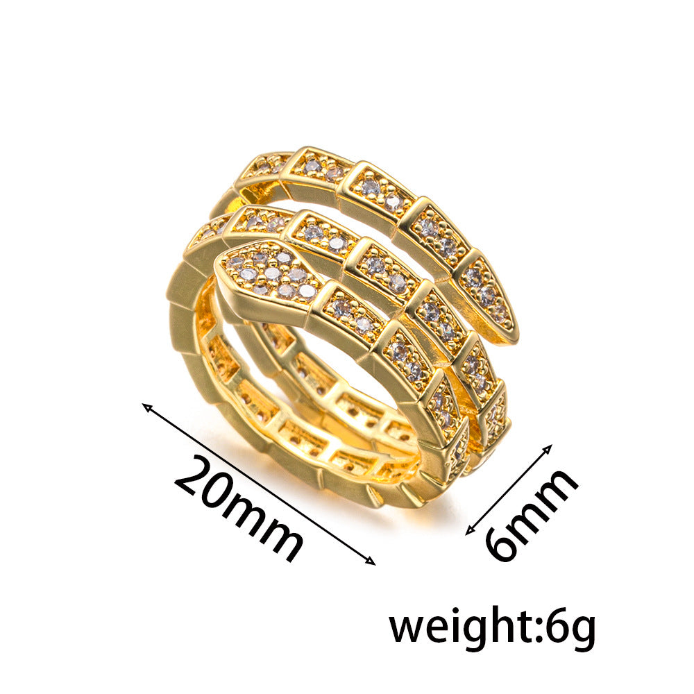 Luxury Snake-Shaped Adjustable Ring for Women in Brass with 18K Gold Plating and Rhinestone Inlay