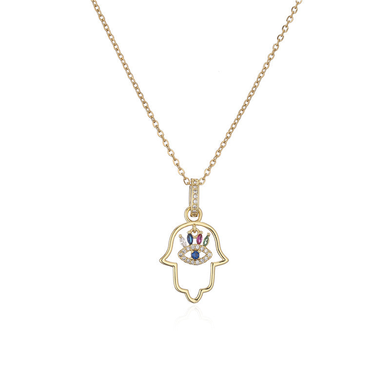 Minimalist Hand-shaped Pendant Necklace for Women in Copper with 18K Gold Plating and Enamel Finish, Set with Cubic Zirconia on O-Chain