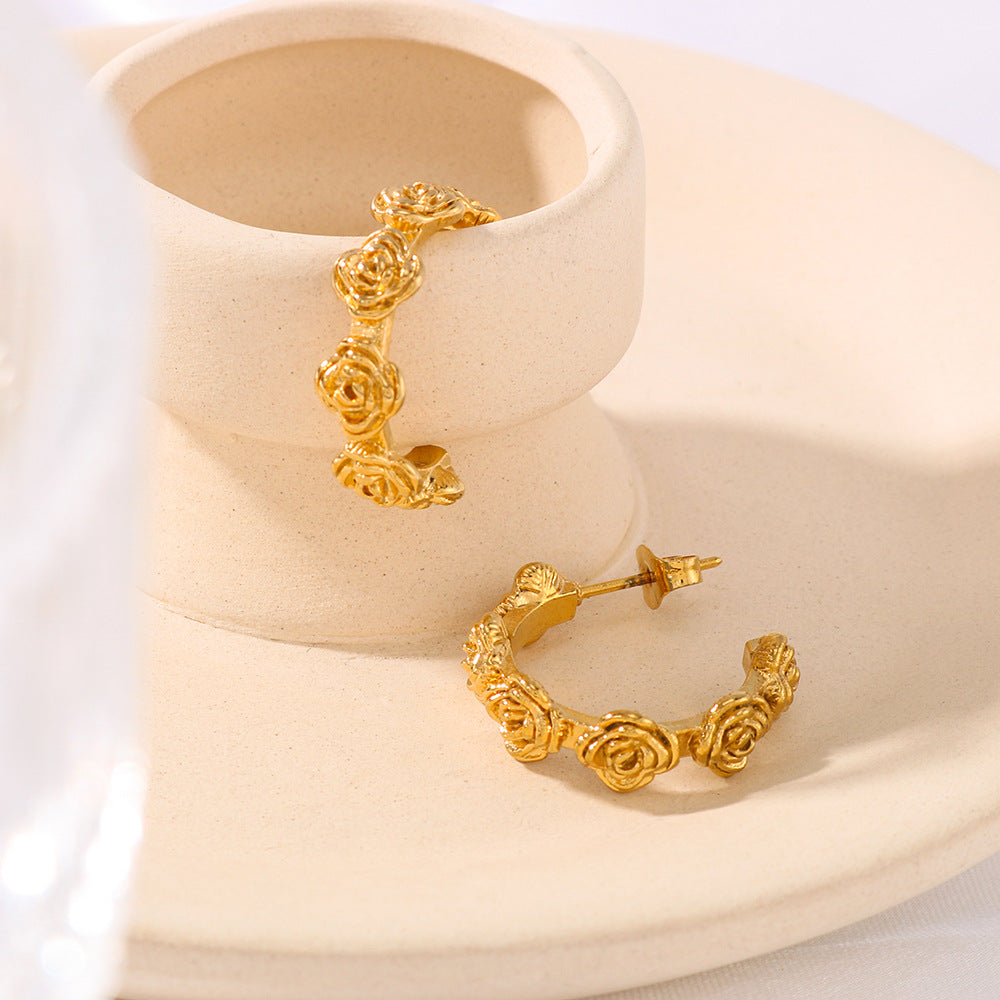 Vintage Rose Engraved Stainless Steel Earrings with 18K Gold Plating for Women Romantic Floral Design Minimalist Ear Studs