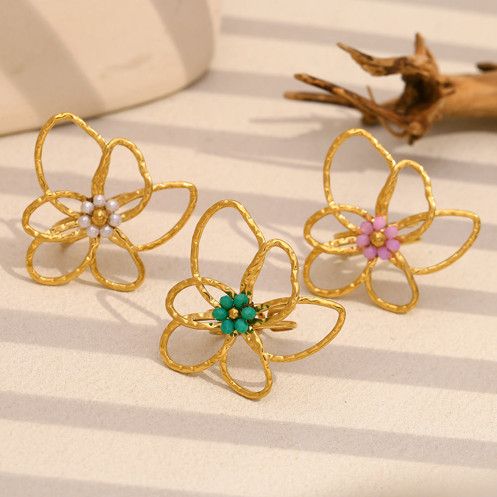 Fashionable Floral Ring for Women in Stainless Steel with 18K Gold Plating and Colorful Beads