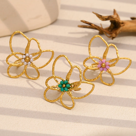 Fashionable Floral Ring for Women in Stainless Steel with 18K Gold Plating and Colorful Beads