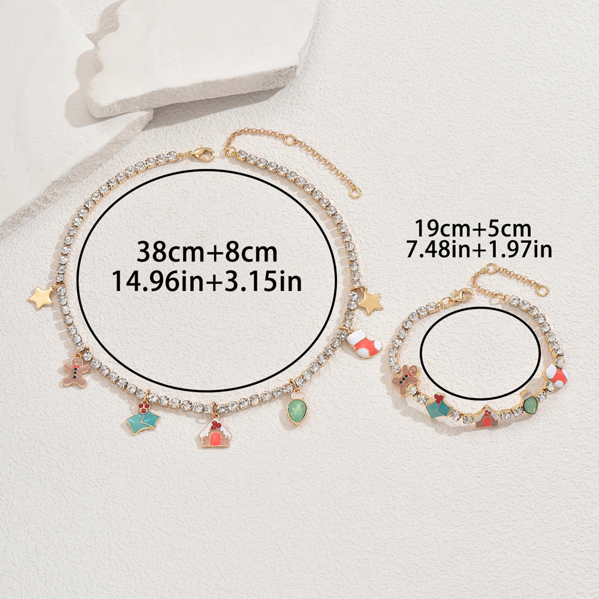 Geometric Christmas Pattern Enamel Pendant Necklace and Bracelet Set for Women with Rhinestone Inlay on Copper Chain