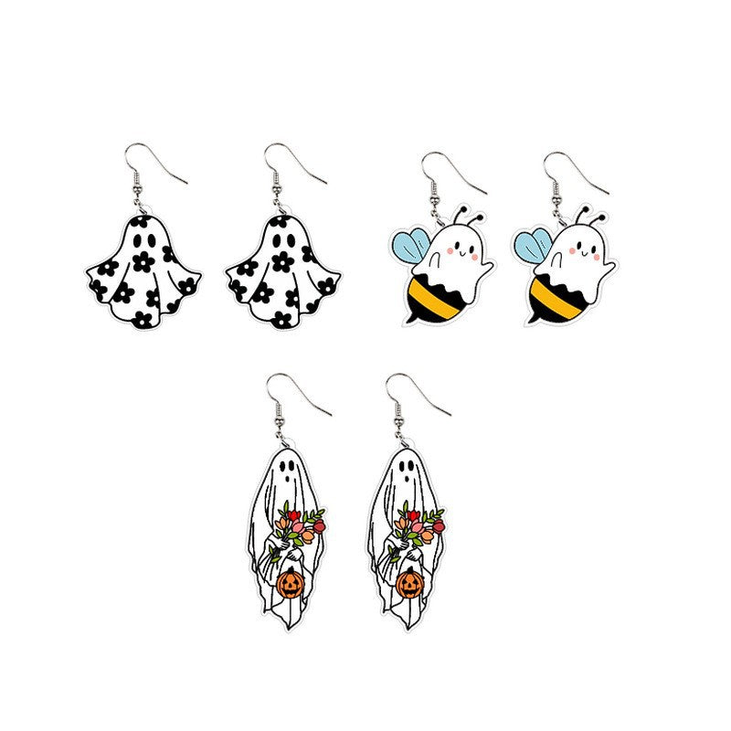 Lindos Pendientes Acrílicos de Halloween con Motivos de Fantasma, Calabaza, Abeja y Flores en Forma de Corazón para Mujer