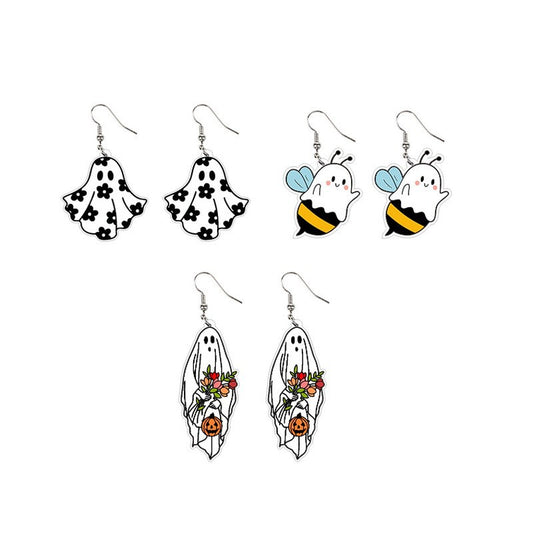 Lindos Pendientes Acrílicos de Halloween con Motivos de Fantasma, Calabaza, Abeja y Flores en Forma de Corazón para Mujer