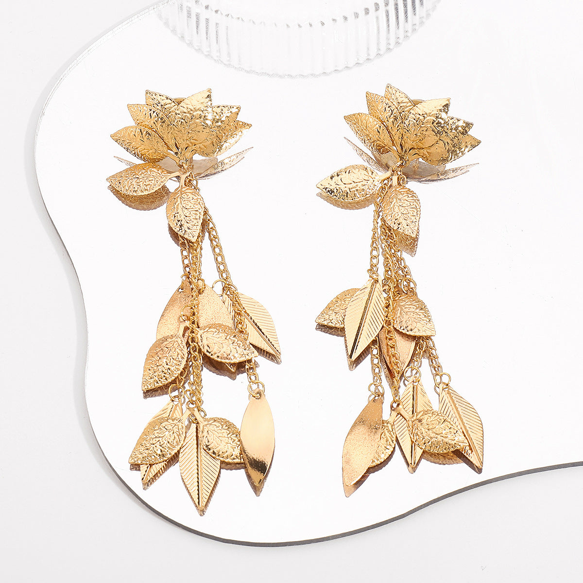 Oversized Lotus Tassel Earrings for Women with Plated Iron Floral Design and Bohemian-Inspired Statement Style