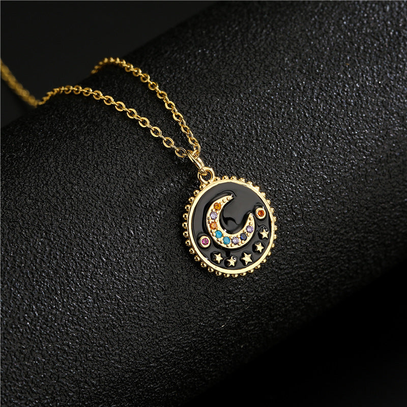 Elegant Drip Oil Moon Star Geometric Brass Inlay Necklace with Cable Chain