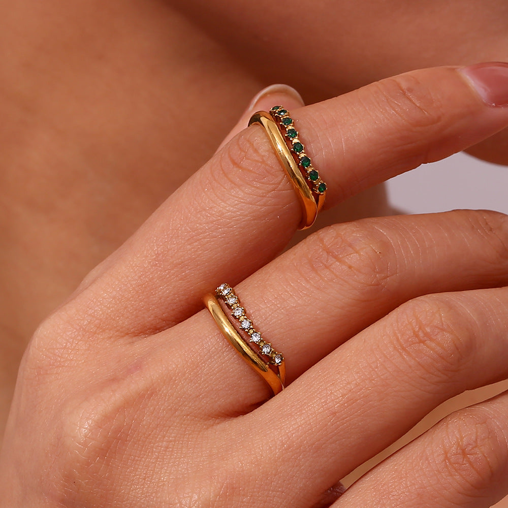 Minimalist Geometric Stainless Steel Plated Double Layer Thin Ring with Zirconia for Women