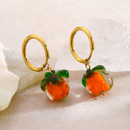 Sweet Stainless Steel Plated Fruit Pumpkin Pendant Necklace and Earring Set with Cable Chain