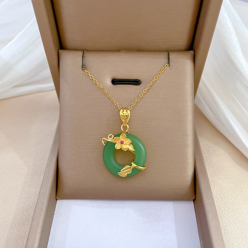 Collana a pendente geometrico floreale in acciaio al titanio con intarsio di strass per donna, collana con catena a maglie regolabile