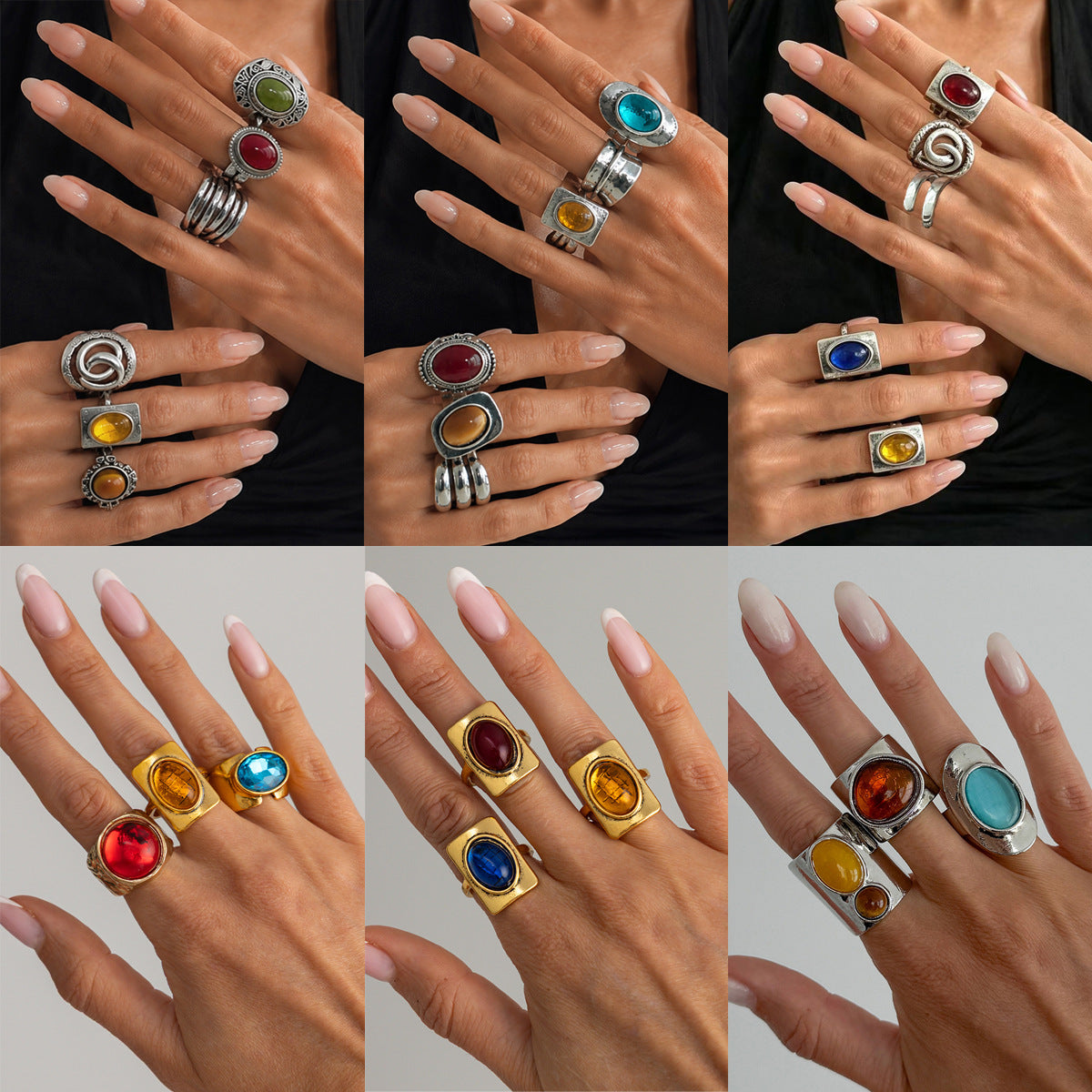 Vintage Square Oval Gemstone Zinc Alloy Plated Ring for Women