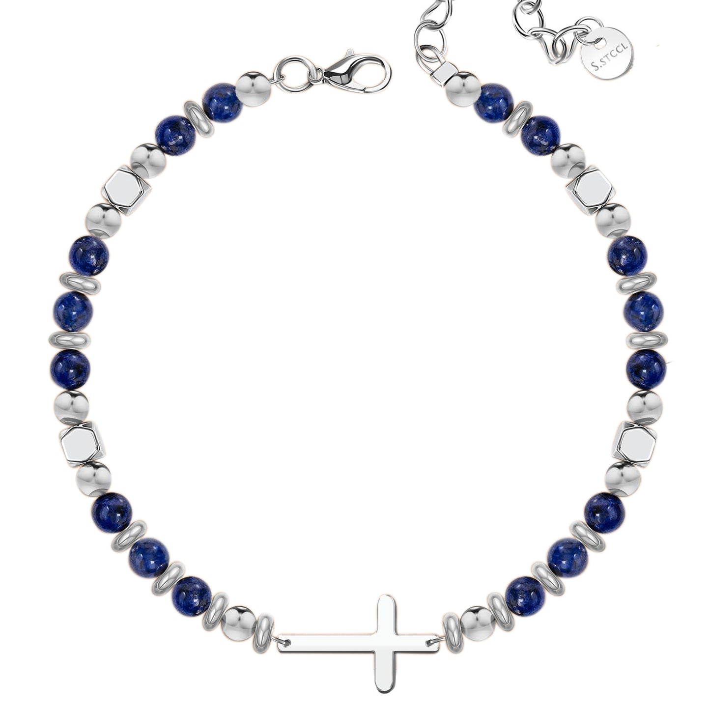 Minimalist Geometric Cross Lapis Lazuli Stainless Steel Adjustable Bracelet with Lobster Clasp