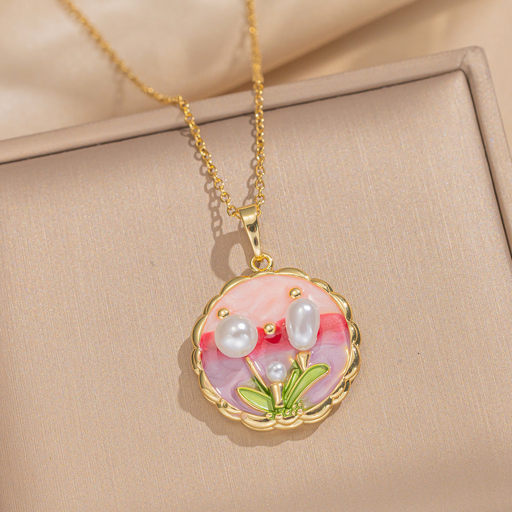 Elegant French Vintage Enamel Floral Pendant Necklace with Freshwater Pearl and Titanium Steel Chain