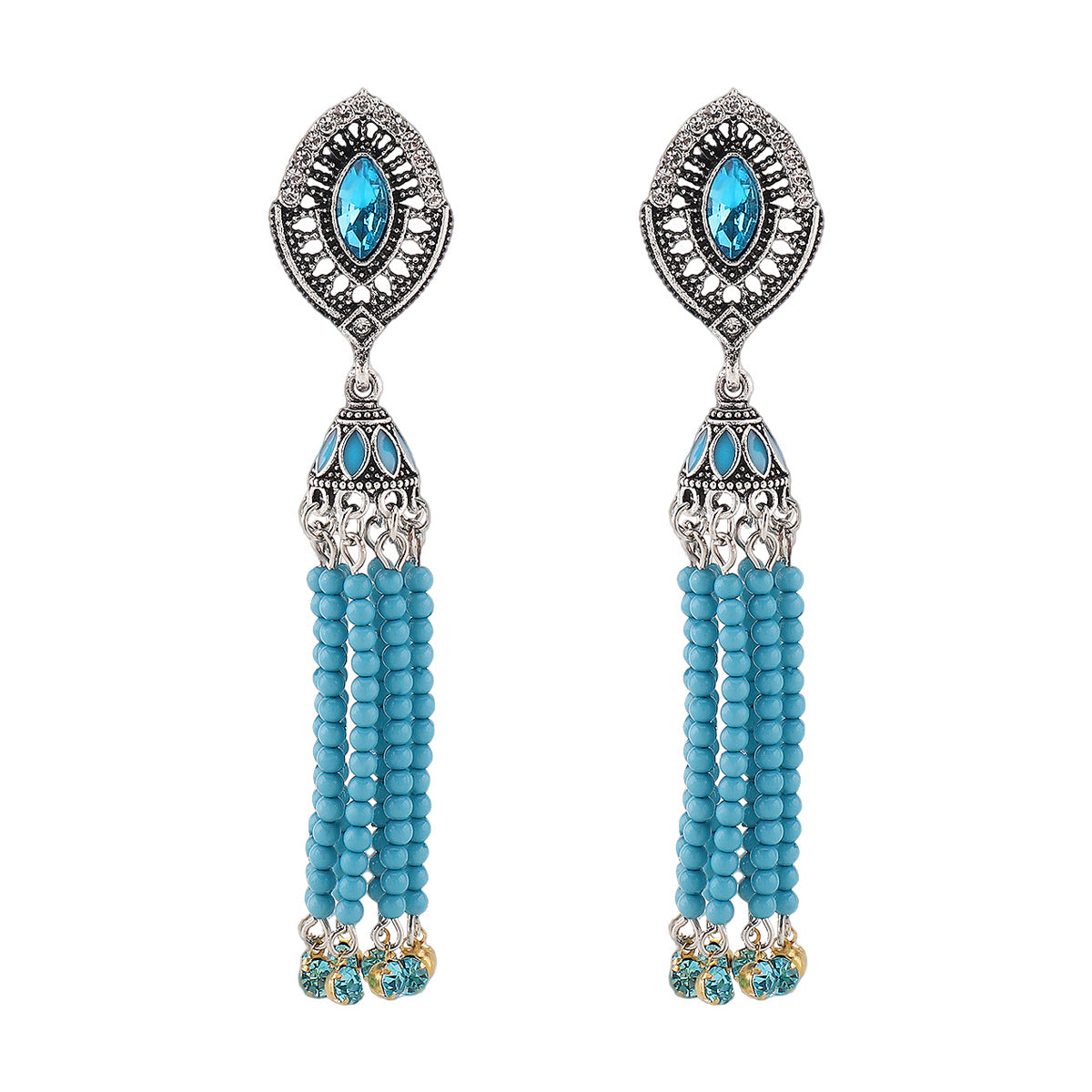 Pendientes de borlas geométricos bohemios con diamantes de imitación y base de aleación chapada para mujer