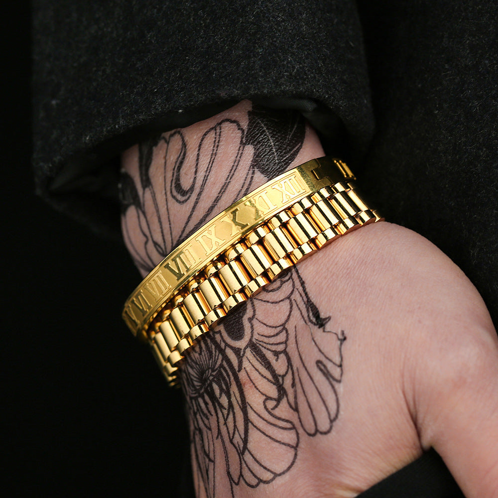 Punk Geometric Round Letter Titanium Steel Plated Open Cuff Bracelet Set for Unisex
