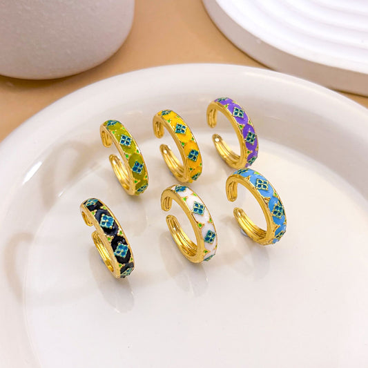 Anillo Ajustable de Latón Chapado en Oro con Diseño Floral Geométrico Dulce Vintage para Mujer