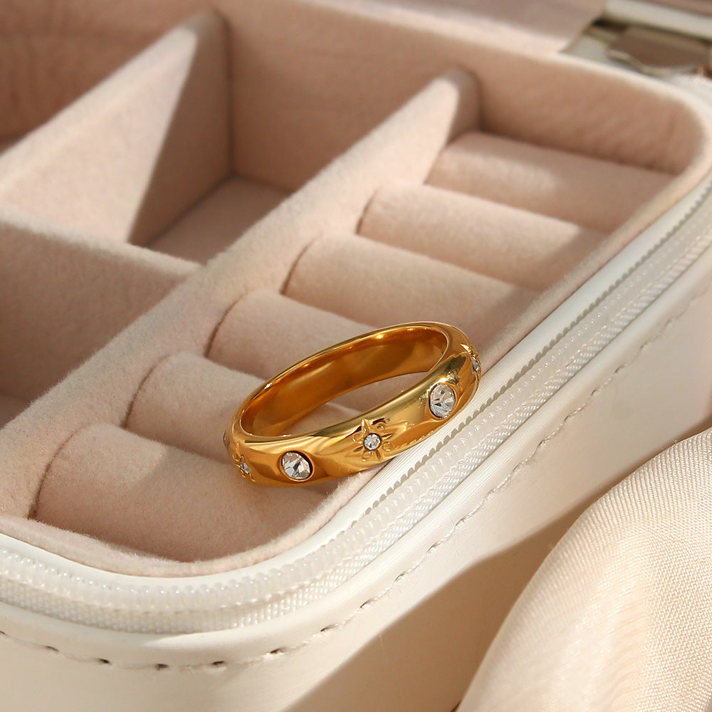 Minimalist Geometric Stainless Steel Ring with 18K Gold Plating and Clear Zirconia Floral Accent for Women