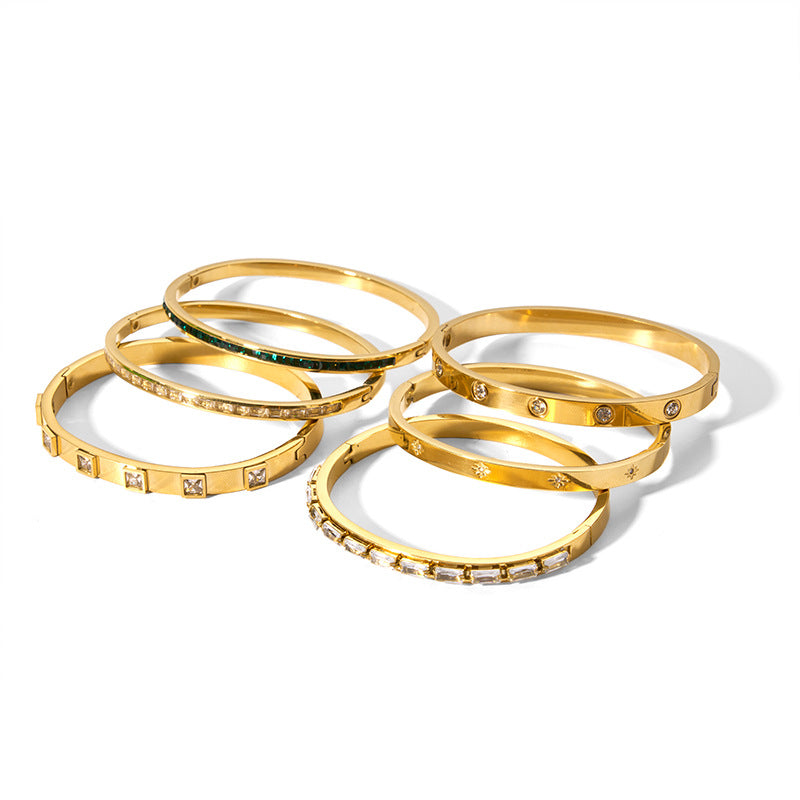 Vintage-Inspired Titanium Steel Cuff Bracelet with Zircon Inlay, Asymmetrical Design, Vacuum-Plated 18K Gold Finish for Women