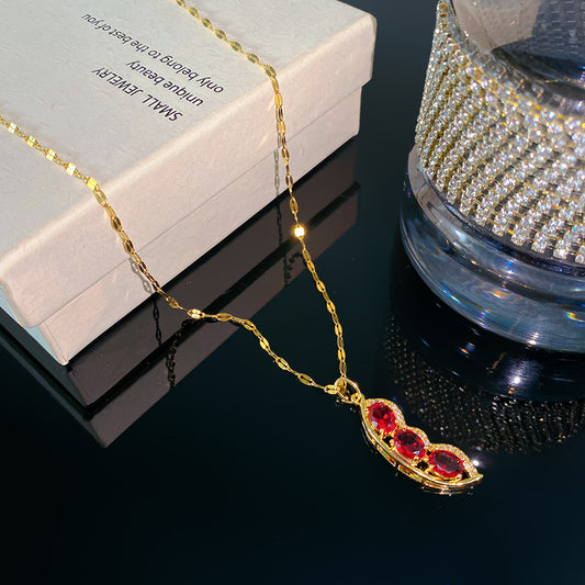 Sporty Sweet Micro-set Ruby Pea Plant Pendant Titanium Steel Necklace for Women