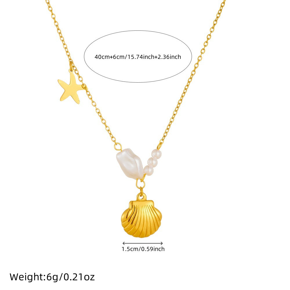 Collar Minimalista de Estrella de Mar y Concha Irregular en Acero Inoxidable con Baño de Oro en Cadena O para Mujer