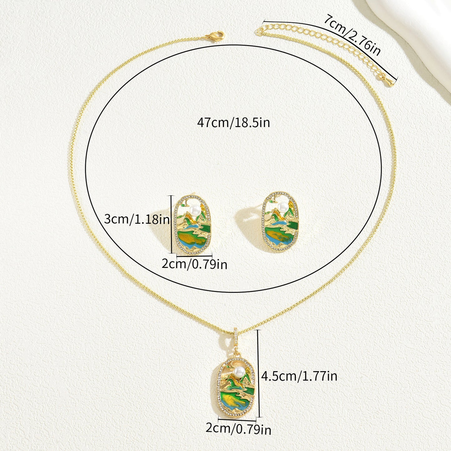 Completo Collana e Orecchini in Lega con Motivo Montagna e Fiume in Stile Ufficio Moda con Intarsi di Strass e Accenti di Perle