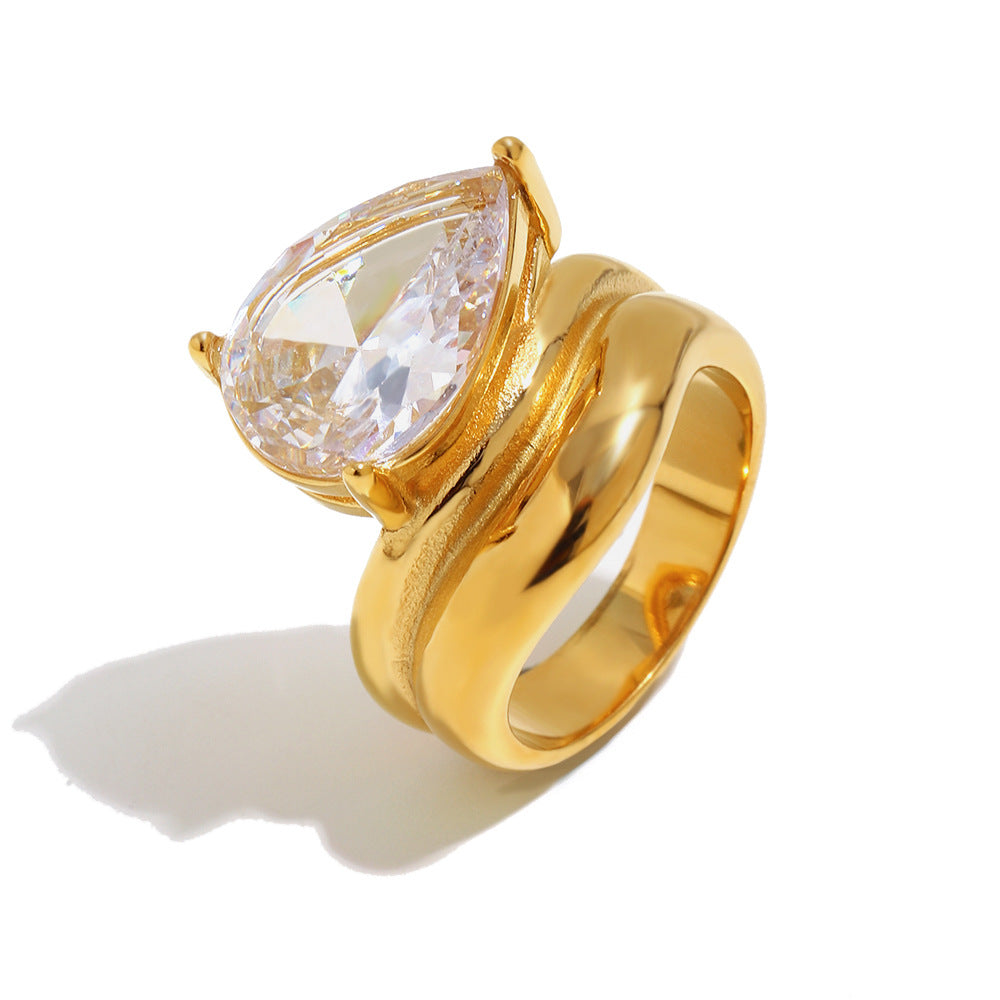 Minimalist Elegant 18K Gold Plated Stainless Steel Double Layer Teardrop Geometric Cubic Zirconia Ring for Women