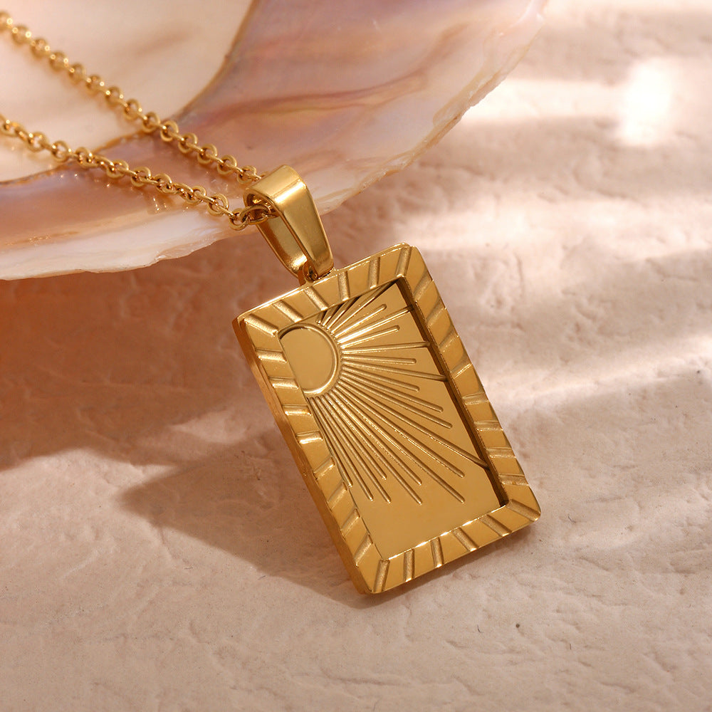 Minimalist Geometric Sun Pendant Necklace for Women in Stainless Steel with 18K Gold Plating and Engraved Detail