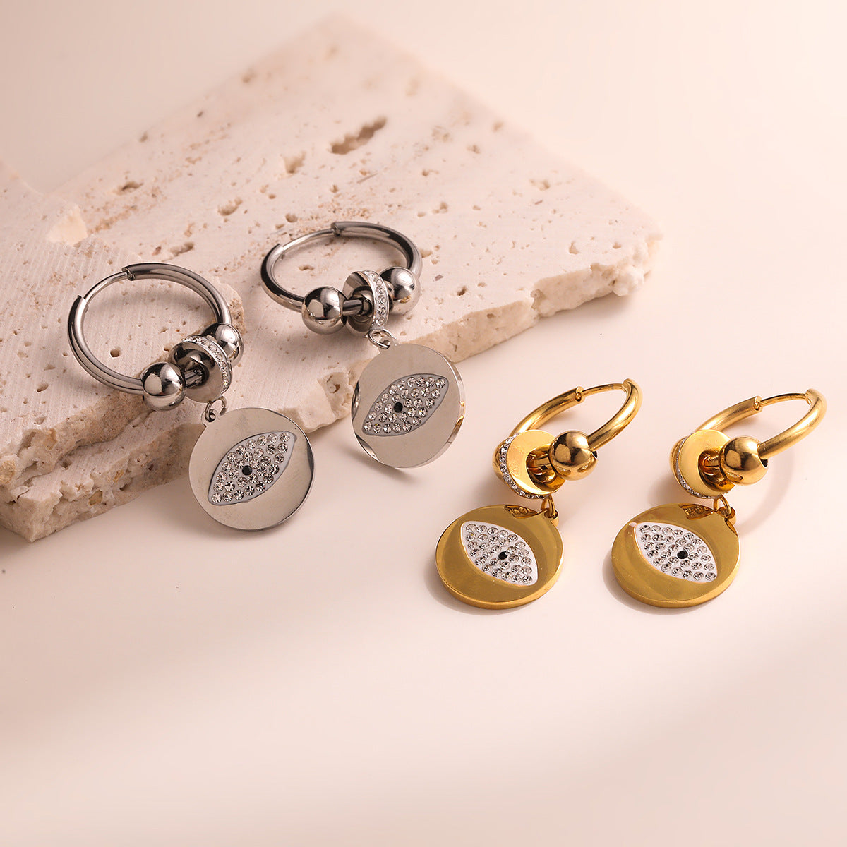 Minimalist Geometric Titanium Steel Earrings with Gold Plating and Zircon Evil Eye Design for Women