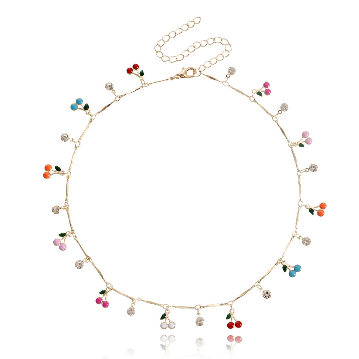 Colorful Enamel Cherry Zircon Pendant Necklace for Women with Geometric Design in Alloy with Plating Finish