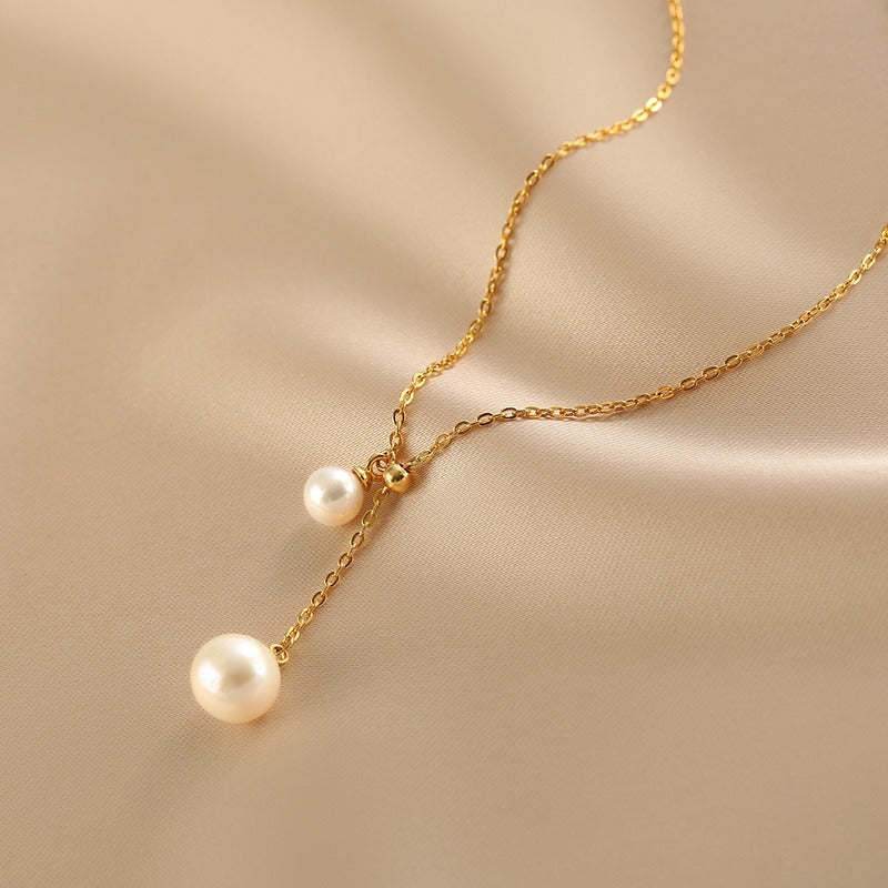 Minimalist Mermaid Tear Pearl Pendant Necklace for Women Titanium Steel Y-Shape Clavicle Chain with Electroplated Finish
