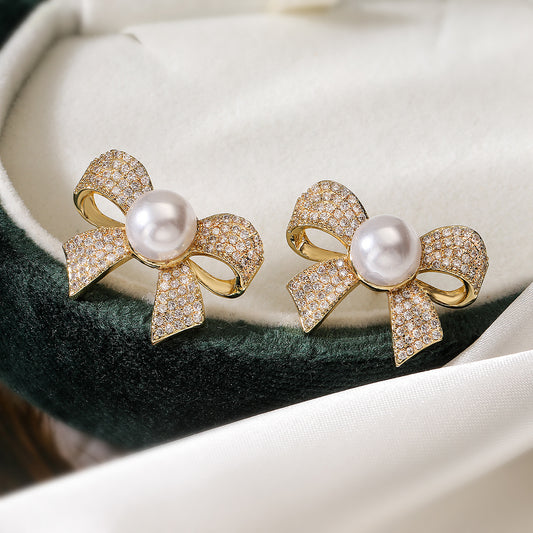 Elegant Bow-Shaped Copper Earrings with 18K Gold Plating and Zircon Inlay for Women