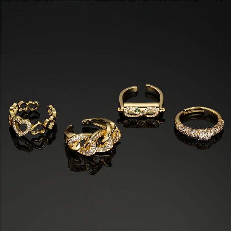 18K Gold Plated Geometric Micro-Inlaid Cubic Zirconia Brass Ring for Women
