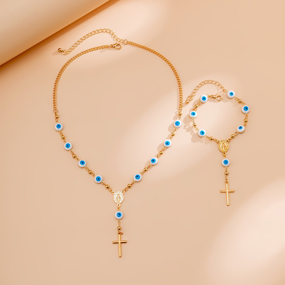 Bohemian Vintage Evil Eye Cross Pendant Alloy Plated Necklace with Curb Chain for Women