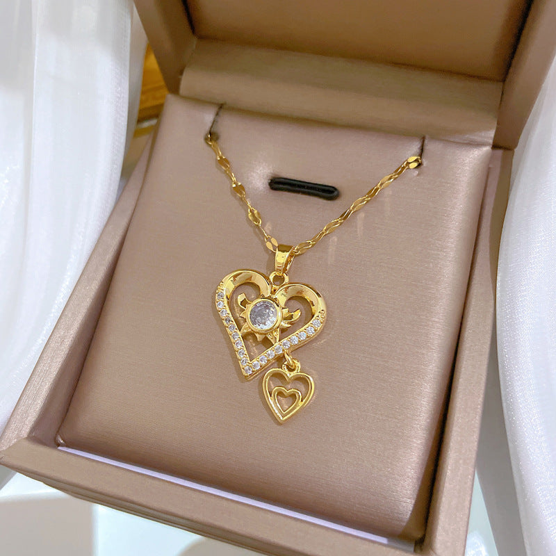 Sweet Elegant Double Layer Heart Geometric Cubic Zirconia Plated Titanium Steel Necklace for Unisex