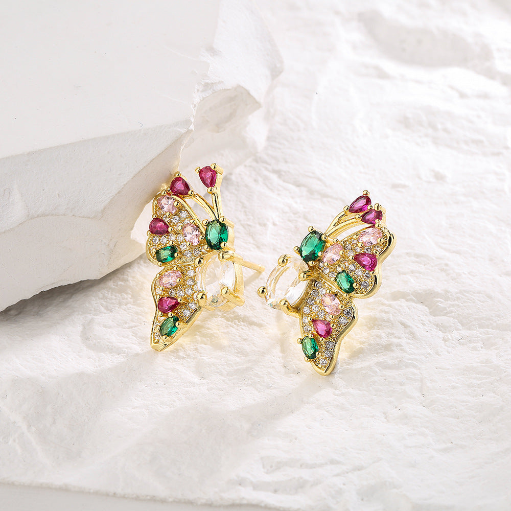 Minimalist Modern Geometric Bee and Butterfly Earrings in Copper with 18K Gold Plating and Micro-Pave Zirconia