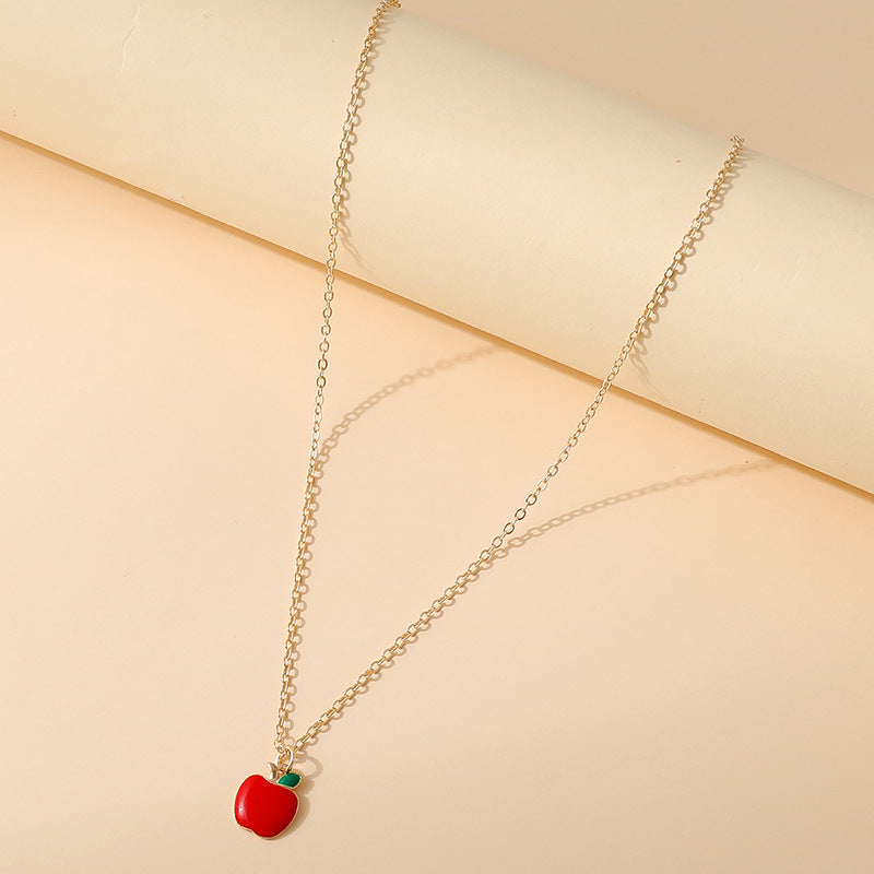 Sweet Alloy Apple Pendant Necklace Drip Oil Plated Cable Chain Unisex Jewelry