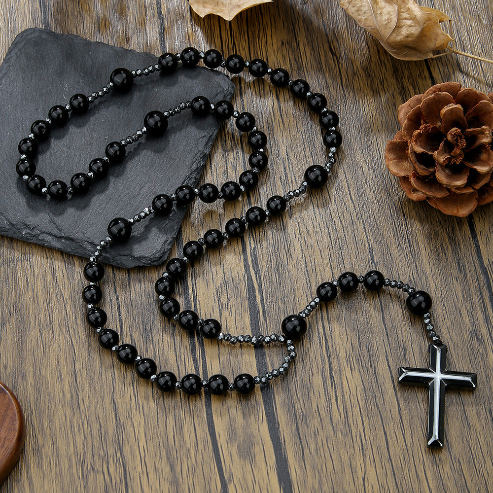 Men's Cross Pendant Necklace with Stone Beads and Alloy Cross Charm