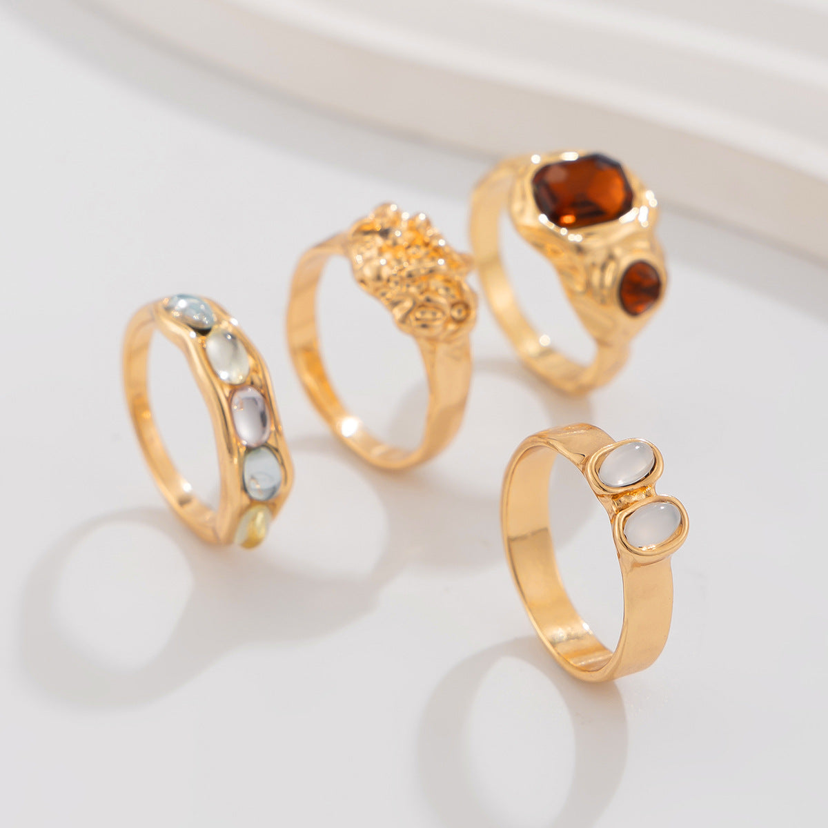Vintage Streetwear Geometric Rhinestone Inlaid Alloy Plated Ring Set for Women