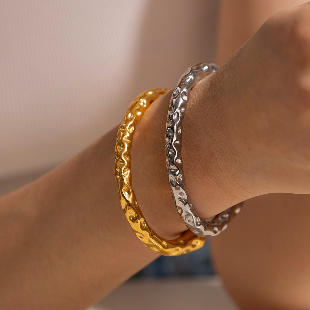 Vintage Minimalist 18K Gold Plated Hammered Stainless Steel Geometric Cuff Bracelet for Couples