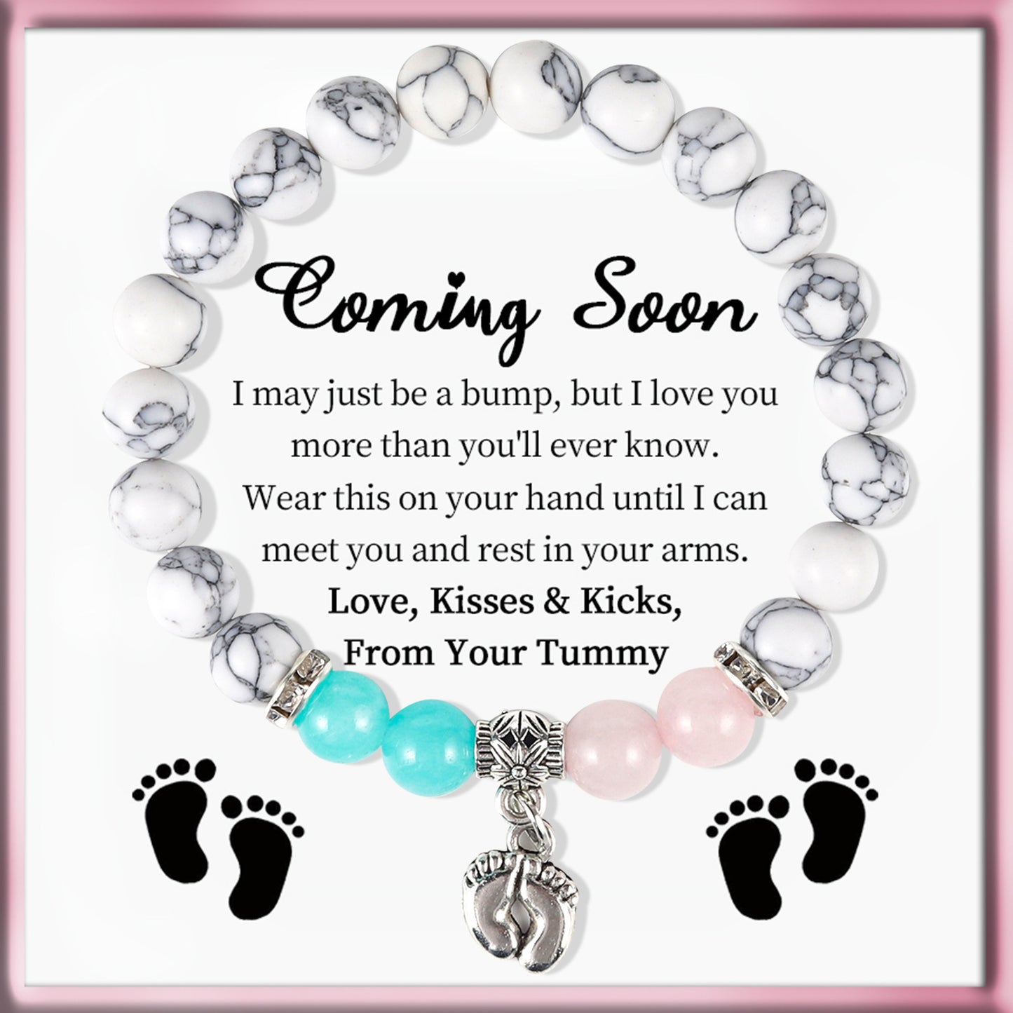 8mm Turquoise Beaded Bracelet with Footprint Pendant and Pearl Accents Unisex Geometric Bracelet
