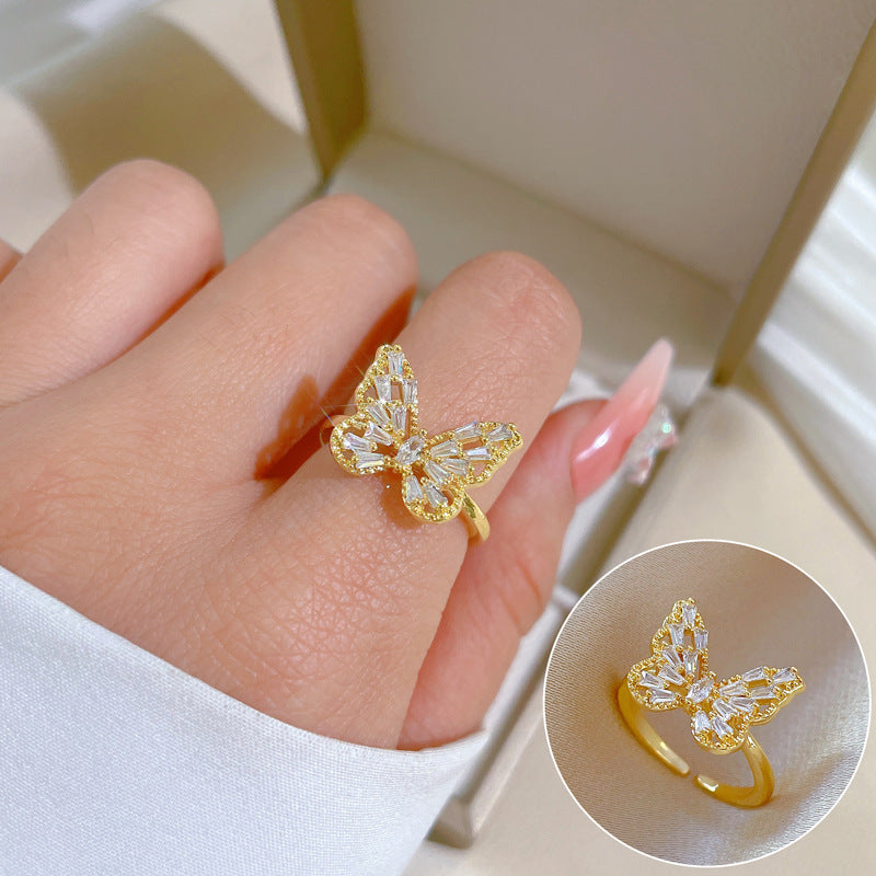 Luxury Minimalist Plated Brass Crown Rhinestone Adjustable Ring for Women