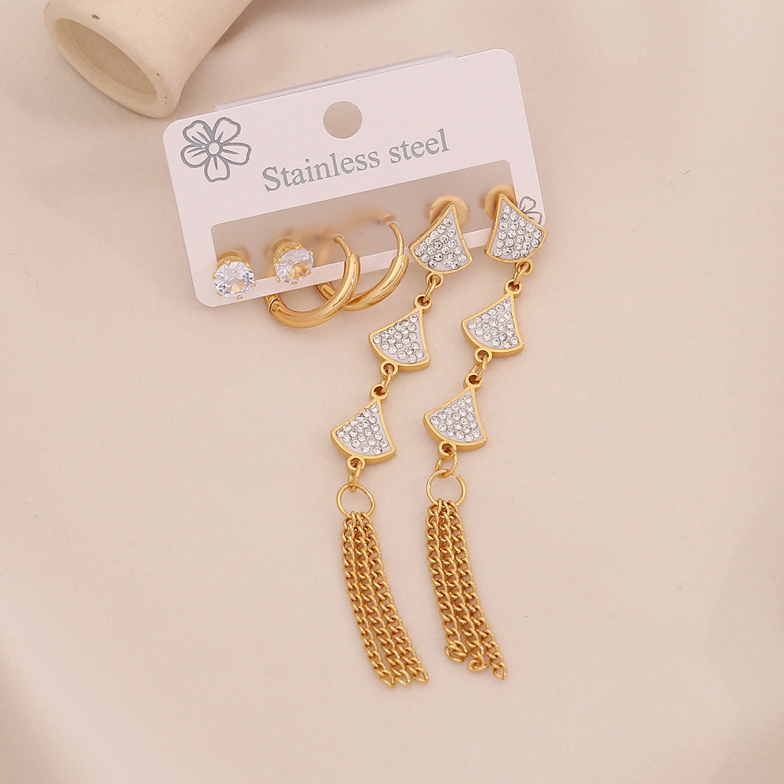 Fashionable Floral and Teardrop-Shaped Stainless Steel Stud Earrings with Dangle Fringe for Women