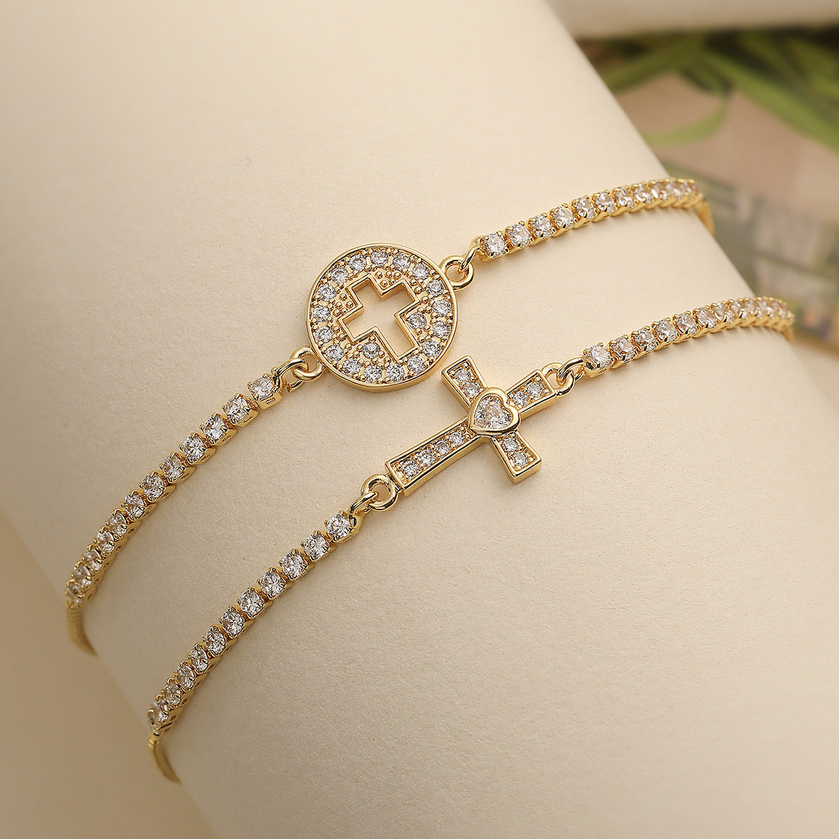Minimalist Luxury Gold Plated Brass Geometric Cross Bracelet with Cubic Zirconia for Women