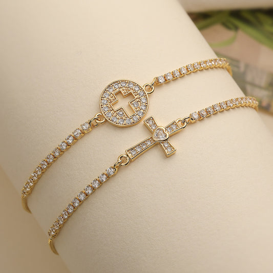 Minimalist Luxury Gold Plated Brass Geometric Cross Bracelet with Cubic Zirconia for Women