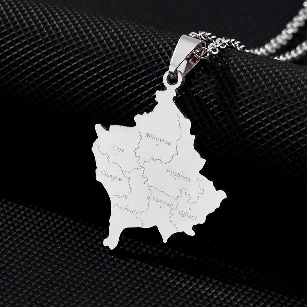 Collana con Pendente Geometrico alla Moda a Tema Città del Kosovo in Acciaio al Titanio Placcato Oro per Uomini e Donne